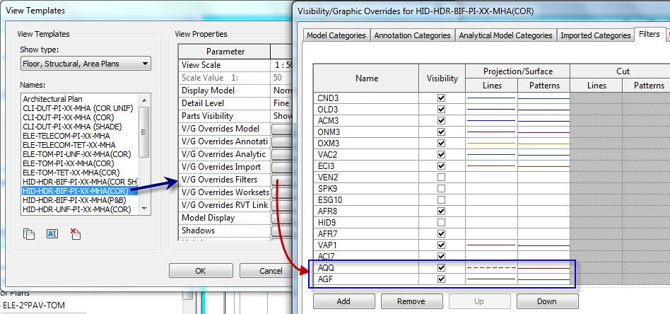 c) Ao editar um view template especifico para planta de instalações hidráulicas bifilares podemos ver: Os Filtros, contolam como os objetos serão exibidos e se serão exibidos.