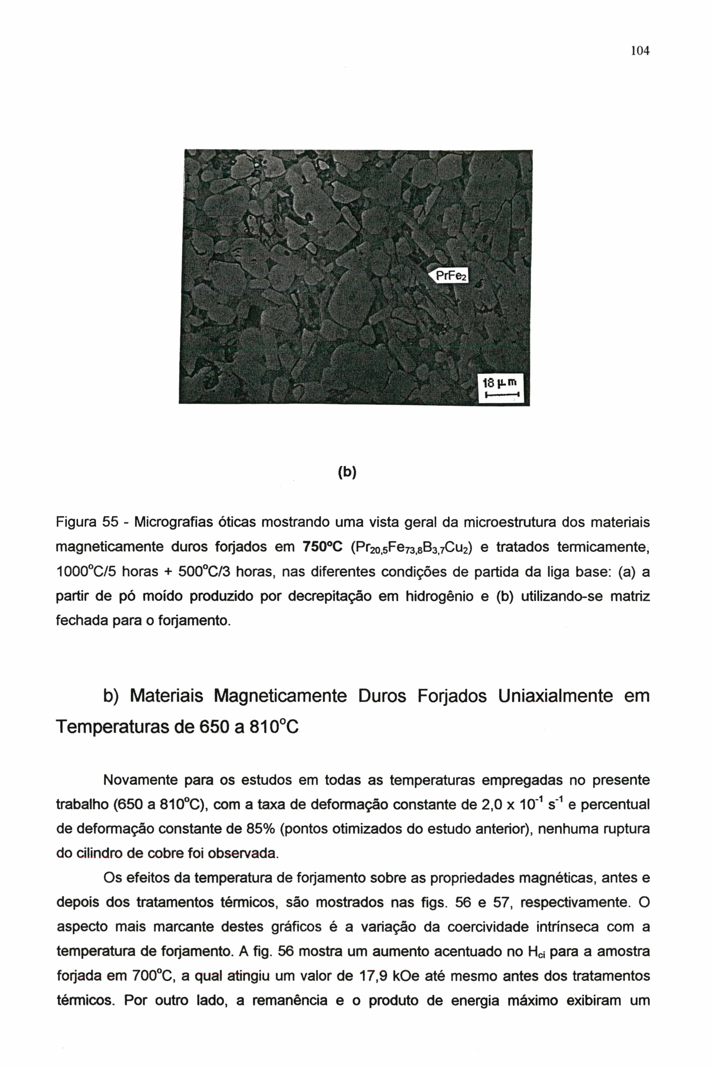 104 (b) Figura 55 - Micrografias óticas mostrando uma vista geral da microestrutura dos materiais magneticamente duros forjados em 750 C (Pr2o,5 Fe7 3,8 B3i7Cu2) e tratados termicamente, 1000 C/5