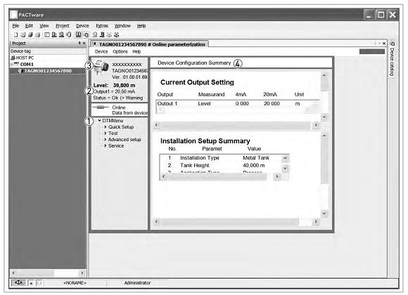 Figura 4-2: Tela a partir da interface de usuário PACTware 1. Menu de DTM. 2. Informação básica de medição: nível, a produção atual e status do dispositivo. 3.