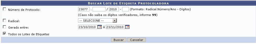 24 5. Reimprimir Etiquetas Protocoladoras Uma etiqueta protocoladora reserva uma numeração de protocolo para posterior cadastro das informações no sistema.