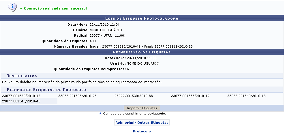 Para selecionar facilmente todas as etiquetas protocoladoras, clique em Todos. Clique em Continuar. Na página seguinte,confira os dados do lote e das etiquetas selecionadas para a reimpressão.