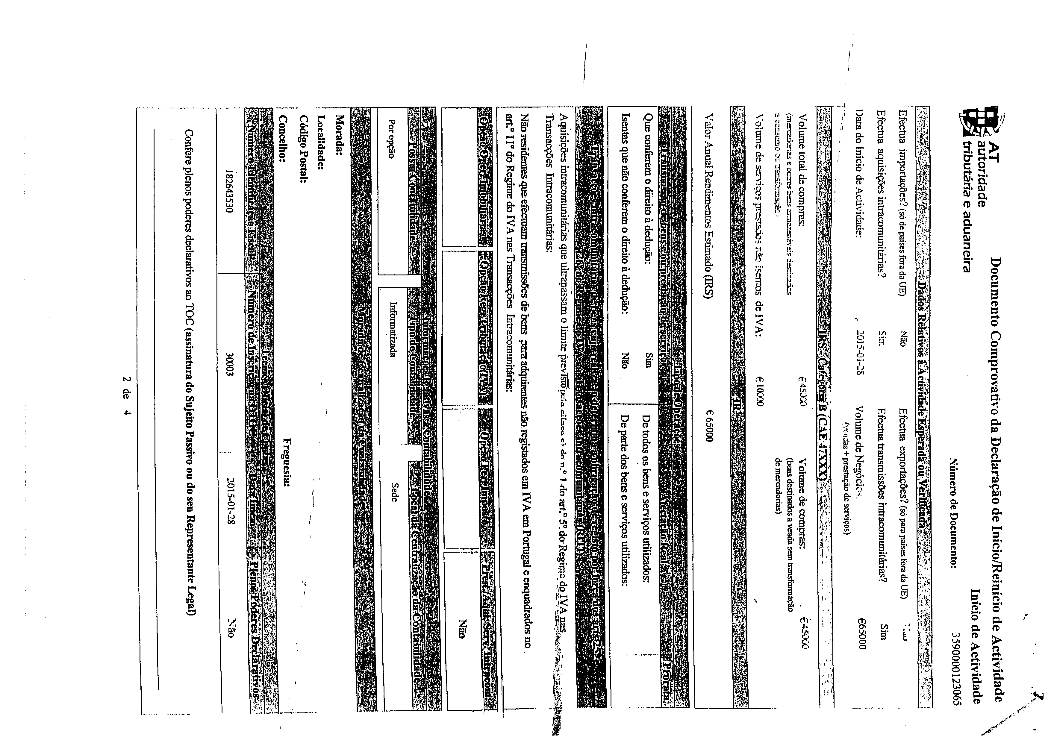 t~at Documento Comprovativo da Declaração de IníciolReinício de Actividade ~ autoridade huício de Actividade tributária e aduaneira Número de Documento: 3590000123065 ~ Efectua importações?