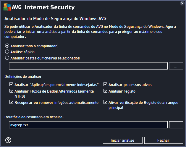 avgscanx para SO de 32 bits avgscana para SO de 64 bits 9.3.1. Sintaxe do comando A sintaxe do comando é a seguinte: avgscanx /parâmetro... ex.