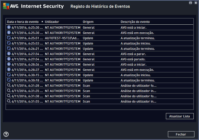 12.6. Histórico de Eventos É possível aceder à janela Histórico de Eventos através do item de menu Opções / Histórico / Histórico de Eventos na navegação da linha superior da janela principal do AVG