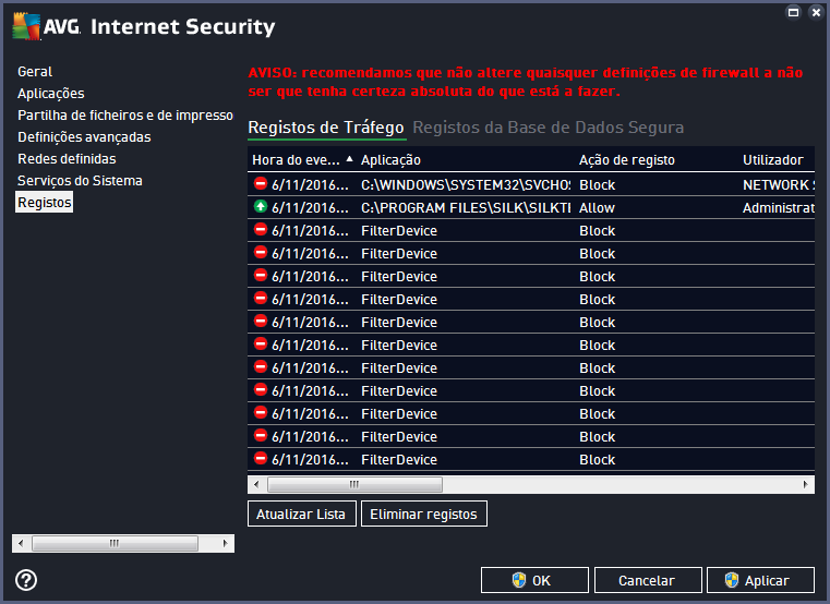 12.7. Registo da Firewall Esta janela destina-se a configuração avançada e não é recomendável alterar qualquer definição, a menos que tenha a certeza absoluta de que a alteração é necessária!