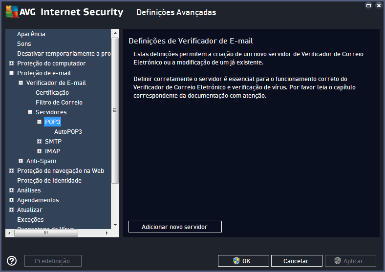 Nesta janela pode configurar um novo servidor do Verificador de E-mail utilizando o protocolo POP3 para