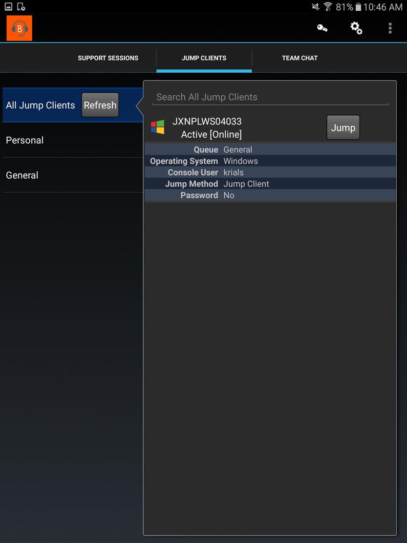 Use Jump Clients para Acessar Computadores do Console de Suporte Técnico Android Connect Para acessar um computador individual sem assistência do usuário final, instale um Jump Client neste sistema