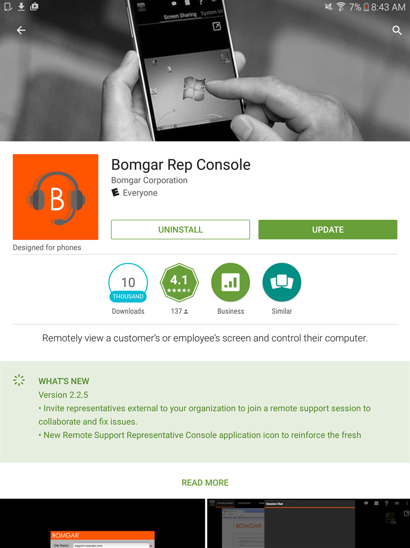 Instale o Console de Suporte Técnico em Android Connect O Console de Suporte Técnico da Bomgar para Android está disponível gratuitamente para baixar em Google Play.