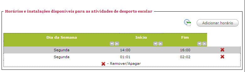 Ilustração 34 - Horários das instalações para o desporto escolar Períodos horários semanais sem aulas para a realização de
