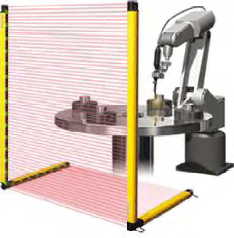 Imagem ilustrativa de cortina de luz, que é um dispositivo de segurança classificado como sensor de segurança (da mesma forma que scanners a laser de segurança, batentes, tapetes e sensores de