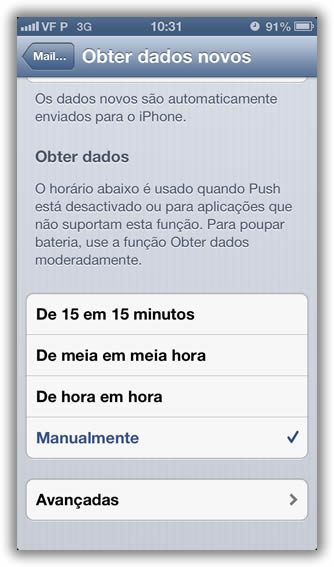 Use a opção Manualmente, dessa forma poupará bateria Ter os emails a chegarem de forma automática ao cliente de mail no iphone é interessante, recebemos a notificação e quando abrimos o email já lá