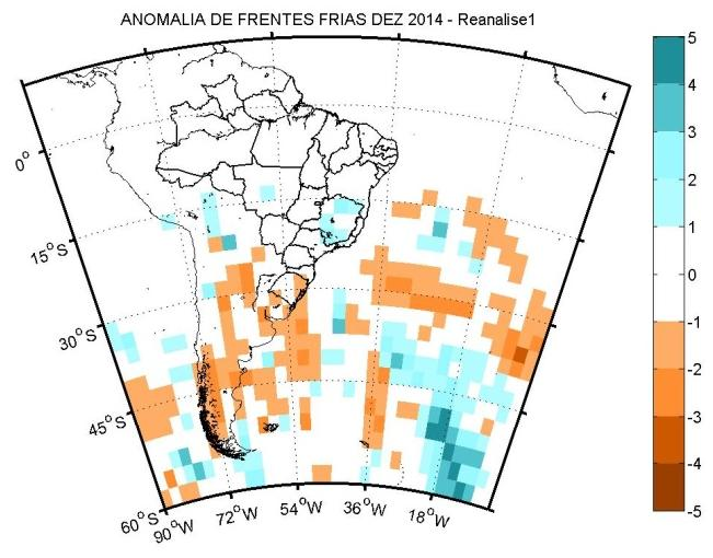 A figura 2 mostra o número de sistemas frontais identificados em dezembro de 2014 (a) e a anomalia em relação à climatologia de 1981-2010 (b).