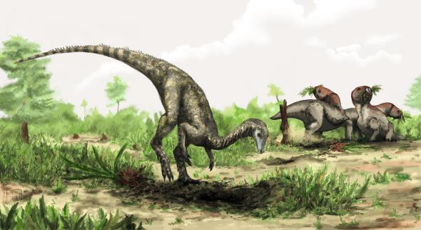 e aí surgiram os dinossauros... Surgiram há aproximadamente 240 milhões de anos, ao final do Permiano e foram extintos no limite Cretáceo-Terciário (K-T), há 65 milhões de anos.