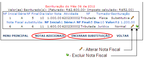 Escrituração Substitutiva Opção disponível para adicionar, excluir ou corrigir lançamentos (somente nota fiscal impressa). Informe a competência (mês/ano) e clique em Escrituração Substitutiva.