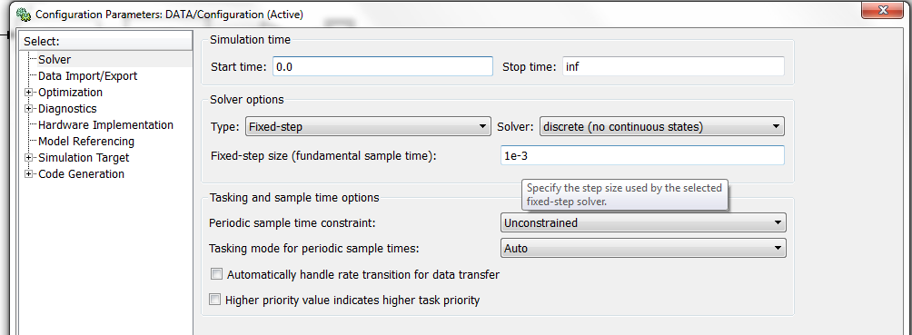 Depois, no Fixed-step size (fundamental sample time), inserir o inverso da