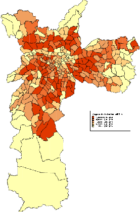 Mapa 1 Mapa 2 Nas figuras acima encontram-se mapeadas, segundo a base de dados da pesquisa O/D 2007 do Metrô, as concentrações de viagens de até 7 km de extensão, realizadas por automóvel no pico da