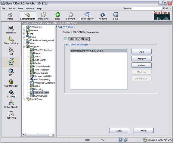 8. Uma vez que a imagem do cliente esteja carregada na flash, marque a caixa de seleção Enable SSL VPN Client e, em seguida, clique em Apply.