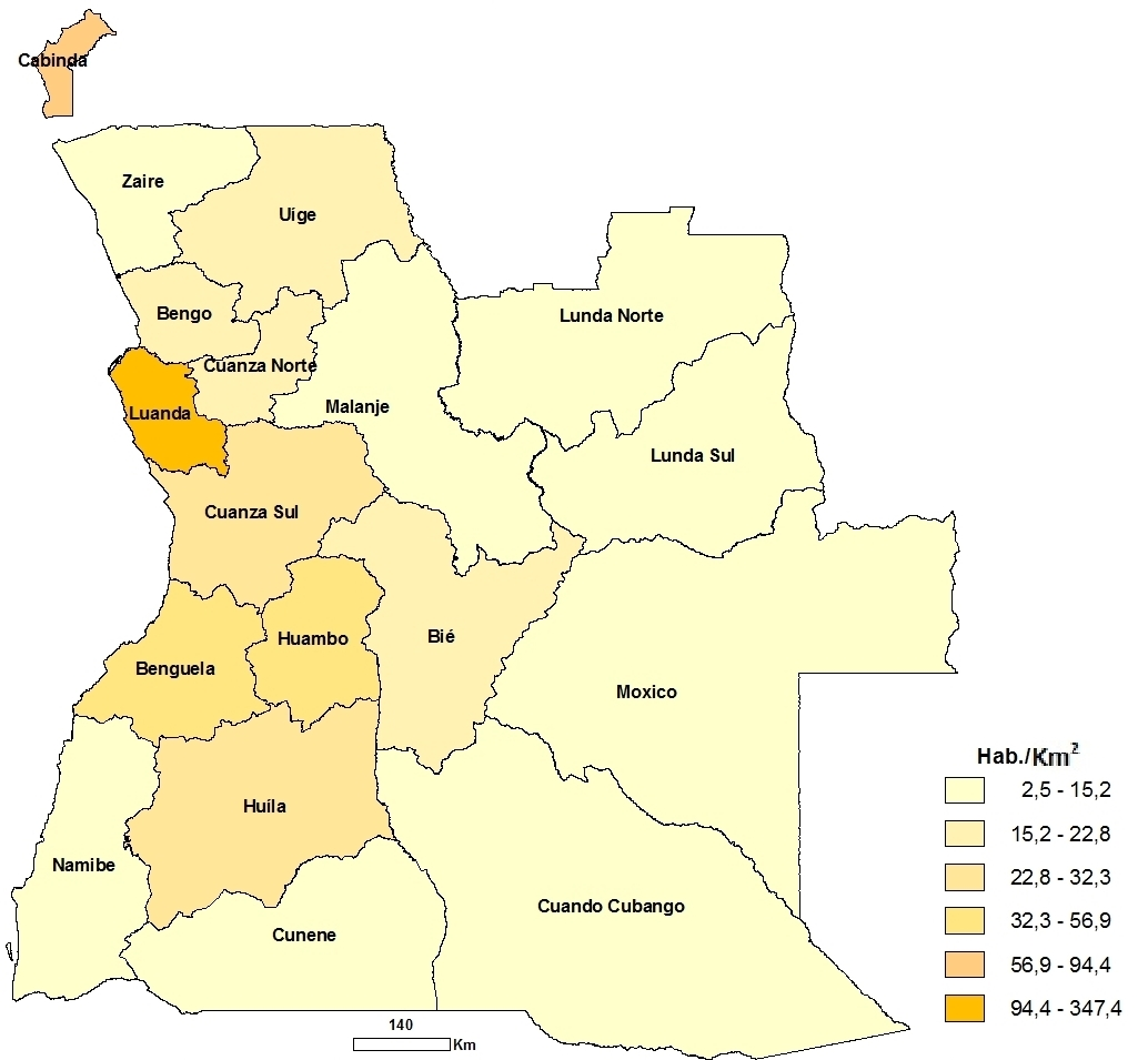 Densidade demográfica em Angola Em Angola existem 19 pessoas por cada KK 2 O País com maior densidade no mundo, Mónaco,