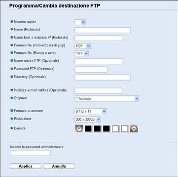Registrazione delle destinazioni di scansione Impostazioni della funzione Scan to FTP Voce Numero rapido Nome Impostazion e Opzionale Richiesto Descrizione Selezionare quando la destinazione viene