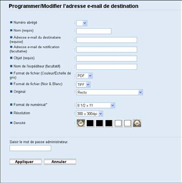 1. Utilisation de la fonction Scanner Paramètres Scan to E-mail Élément Paramètre Description Numéro abrégé Nom Adresse e-mail du destinataire Adresse e-mail de notification En option Obligatoire