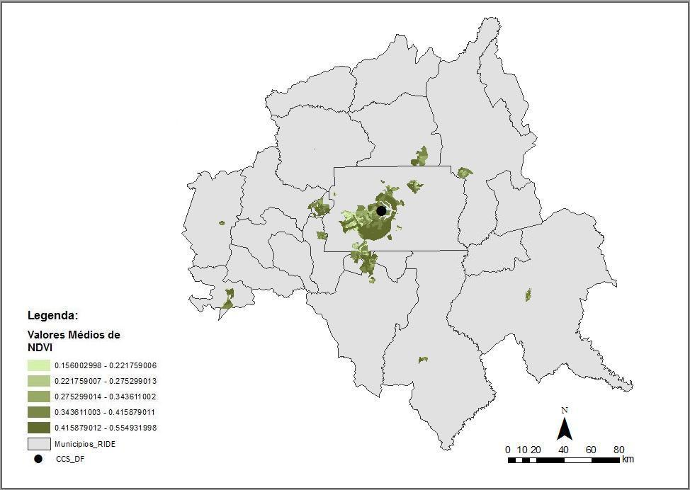 Figura 3 Valores médios de NDVI por setor censitário De acordo com o Gráfico 2, observou-se que a distância ao CCS não influencia na espacialização do