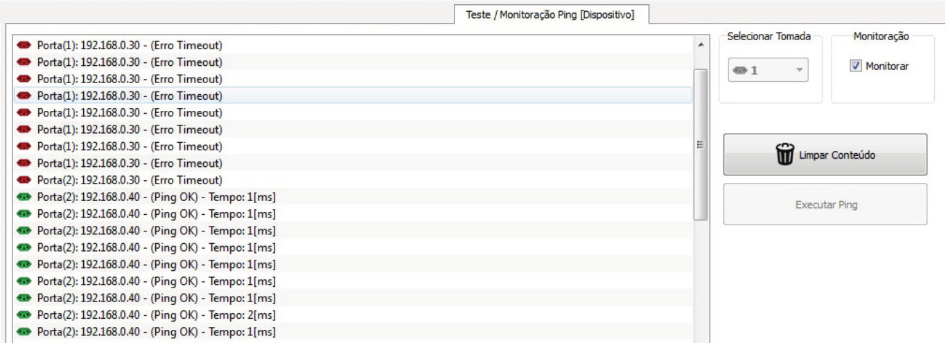 Serão executados 10 ping por porta e os status de todos serão exibidos no quadro. Se houver erro, o símbolo da tomada estará vermelho, se o ping for bem sucedido o símbolo ficará verde.