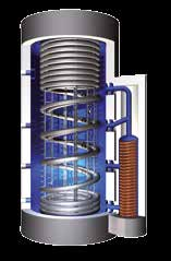 Acumulador de água com carga por estratificação optimizada sem mistura do acumulador, com aquecimento higiénico de água integrado no processo de aquecimento a passo contínuo, com 2 tubos ondulados em