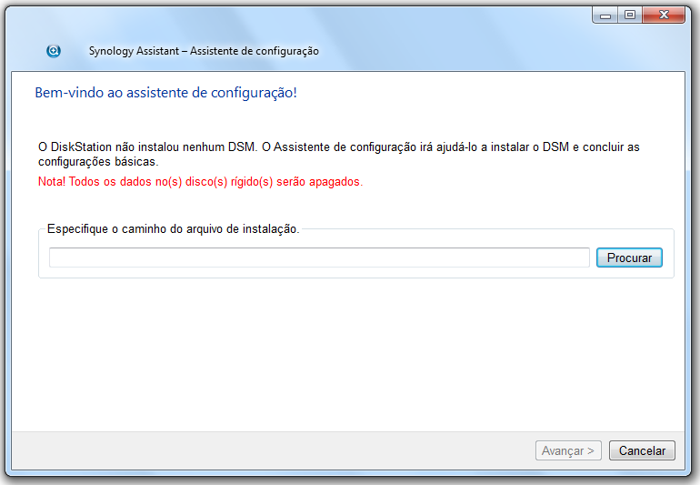 3 Clique em Procurar para localizar o arquivo de instalação DSM_[nome do modelo]_[número].pat na pasta DSM do disco de instalação.