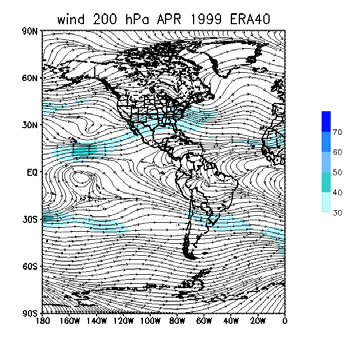 a b c d Figura 2- Escoamento atmosférico em 200 hpa (a) Janeiro, (c) Abril; Divergência em 200 hpa (b) Janeiro, (d) Abril em