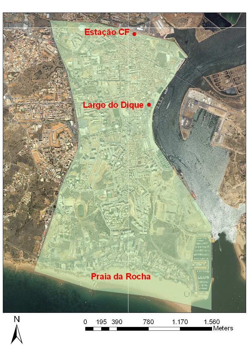 Figura 2 Área de estudo em Portimão Conforme se constata na figura 2, a área de estudo integra um corredor estruturante em Portimão, ligando a actual estação de caminho de ferro (e futura gare