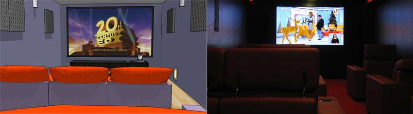 Projecto 3D de Sala de Cinema e resultado final. O local onde o espectador está instalado é onde realmente vai sentir todas as sensações proporcionadas pelo Cinema em Casa.