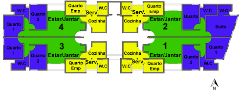 O partamento 1 (L/S) apresentou escoamento em quase todos os ambientes, exceto no banheiro de serviço; com excelente relação de aberturas de entrada e saída: três entradas, pelos ambientes dos três