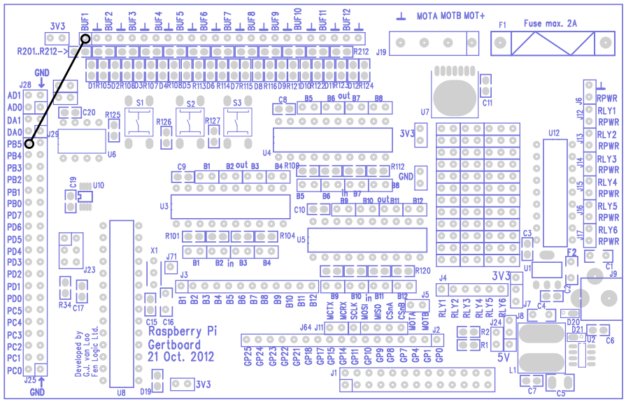 Seguir o seguinte esquema: Para conectarmos o pino 13 do ATmega no led1 da GertBoard, por exemplo: Pronto!