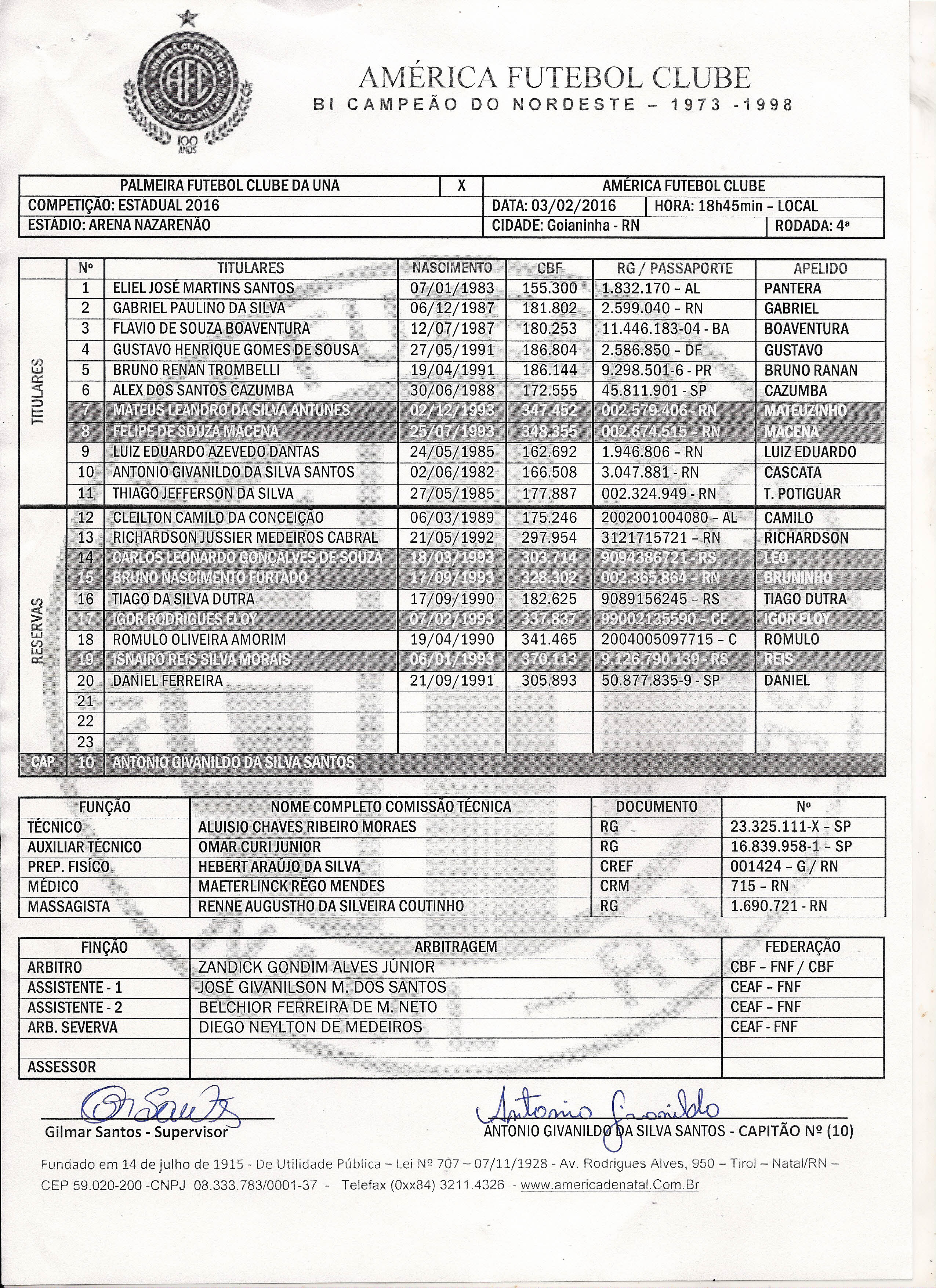 AMERICA FUTEBOL CLUBE 81 CAMPEÃO PALMEIRA FUTEBOL CLUBE DA UNA COMPETIÇAO: ESTADUAL 2016 ESTADIO: ARENA NAZARENAO TITULARES GABRIEL PAUlINO DA SILVA' FLAVIO DE SOUlL\.