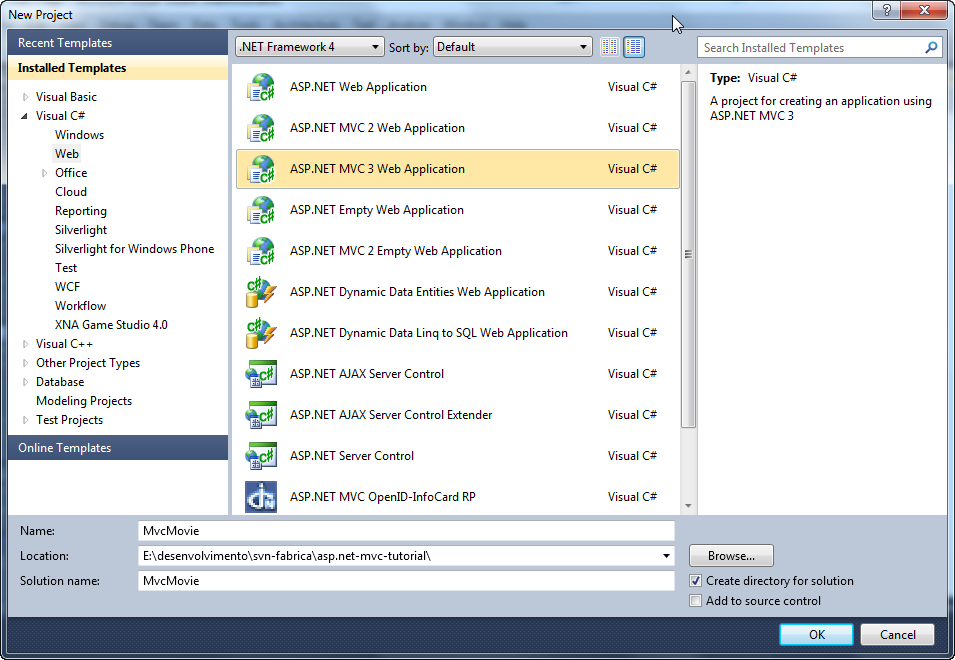 Criando o primeiro aplicativo Na janela New Project selecione o template ASP.NET MVC 3 Web Application e defina onde o projeto será salvo (o nome e a localização do projeto ficam à sua escolha).