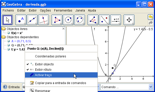 6. Pretende-se que o ponto Q deixe um rasto de forma a transmitir ao aluno como é construída a função derivada.