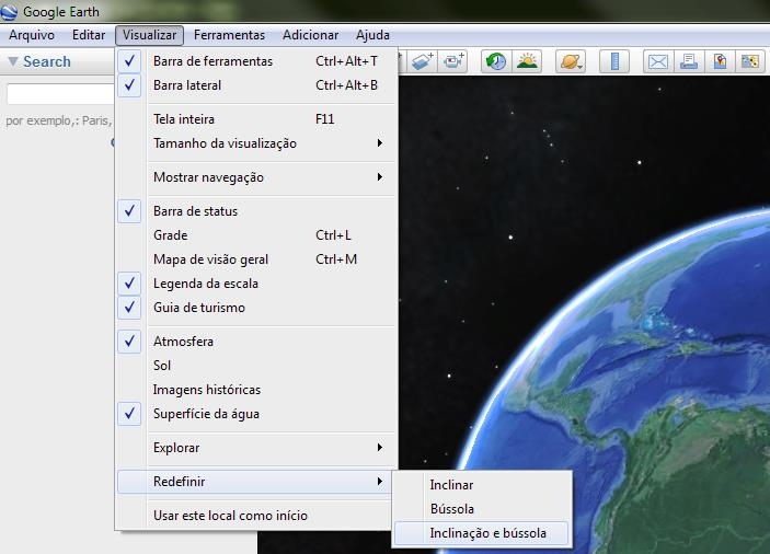 No Googe Earth, a precisão do ponto de vista ortogonal à superfície terrestre (virtual), bem como o posicionamento do Norte voltado para cima, são facilmente definidos pela ferramenta Visualizar