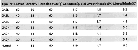 Tabela 1 Desempenho de poedeiras Lhoman LSL, alojadas em gaiolas modificadas, de acordo