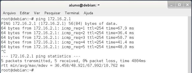 65 Figura 28 - Comando ping do host Debian_2 (LAN_C) para o Roteador RT_B interface FastEthernet 0/0 Gateway da LAN_B. Fonte: Autoria Própria.