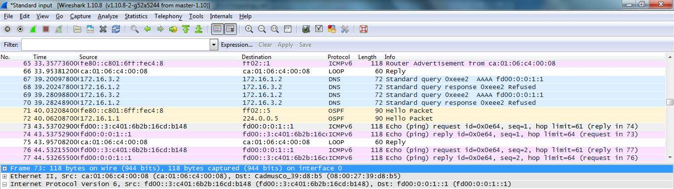 75 Figura 40 - Pacote de Ping ICMPv6 IPv6 capturado pelo Software Wireshark. Fonte: Autoria Própria.