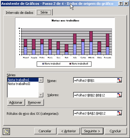 Gráficos III Formatação Série em coluna: cada série corresponde a uma coluna Série em linha: cada série