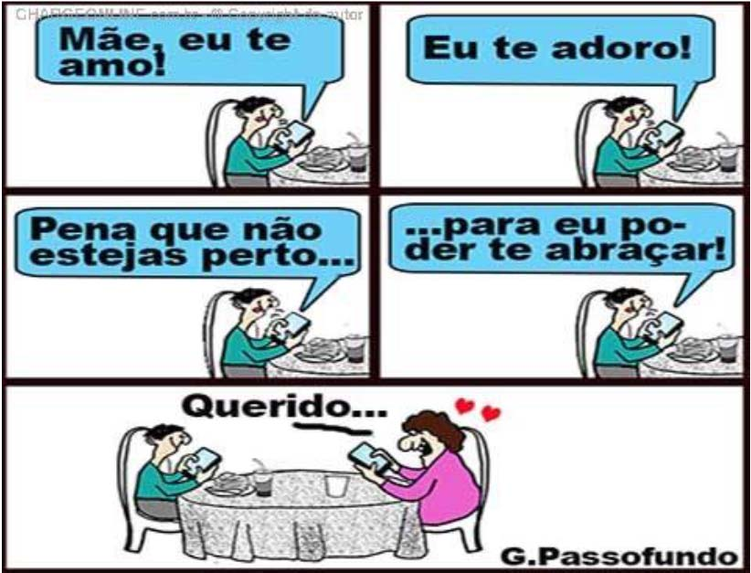 7. TJ/PI FGV 2015 A charge acima mostra uma crítica: (A) à forma modernamente egoísta de os jovens se comunicarem; (B) ao processo comunicativo tecnológico que isola as pessoas; (C) ao descaso de