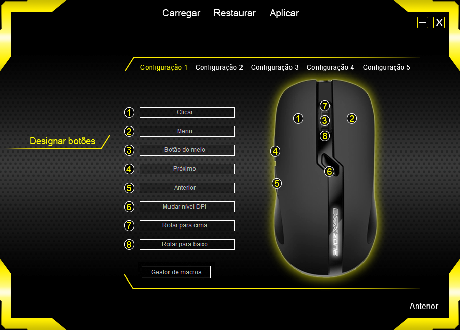 A taxa de sondagem pode ser ajustada aqui. A taxa de sondagem especifica a consulta de dados entre o PC e o mouse. Quanto maior o valor de Hertz (Hz), menor o tempo entre as duas consultas.