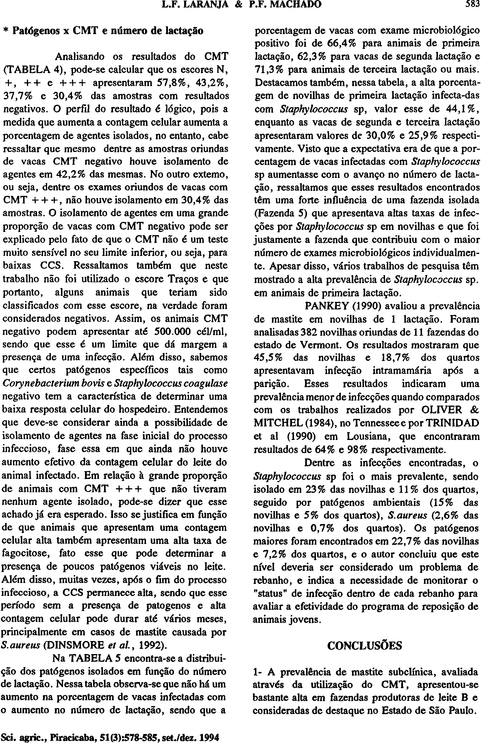 * Patógenos x CMT e número de lactação Analisando os resultados do CMT (TABELA 4), pode-se calcular que os escores N, +, ++ e + + + apresentaram 57,8%, 43,2%, 37,7% e 30,4% das amostras com