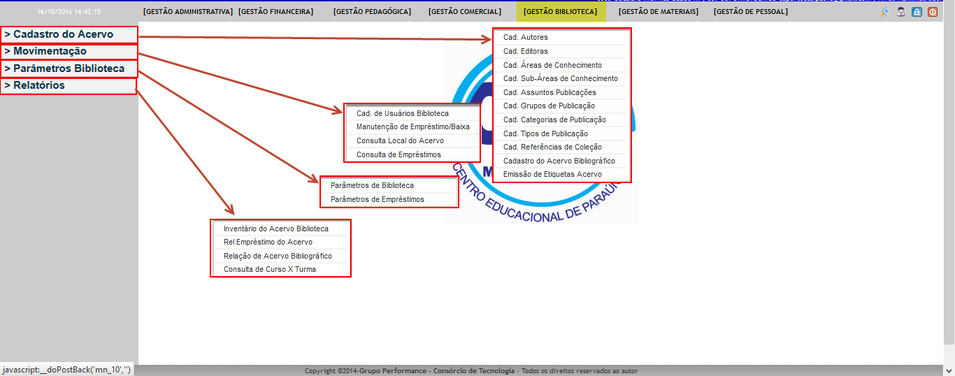 Total Controle do Acervo da Biblioteca Permite cadastrar todo o acervo físico ou virtual da biblioteca interligado com o projeto pedagógico do curso, e disponibilizar nos Portais do Aluno