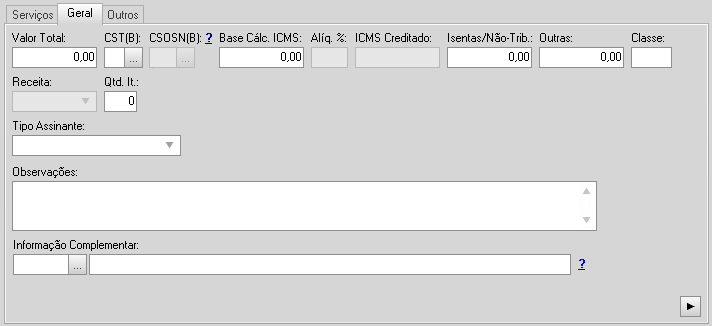 Geral: Figura 233 1. Valor Total: O sistema trará o valor total automaticamente, de acordo com as informações da aba serviço; 2. Base de Cálc.