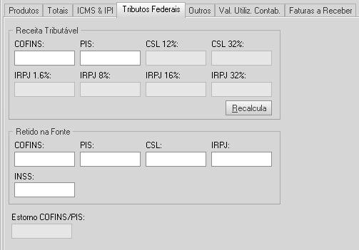 OBS: Recalcular: O botão Recalcular, serve para que a aba ICMS/IPI seja reprocessada de acordo com as informações inseridas nos produtos. NFs Venda Fora do Estab.