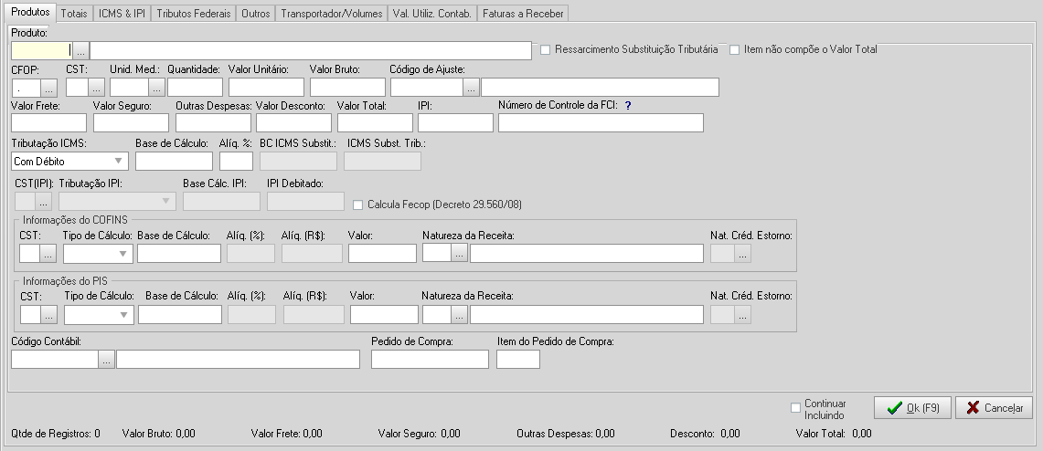 2. Natureza da Operação: Informar o código da natureza da operação referente à nota; 3. Espécie: Será preenchido automaticamente pelo sistema; 4. Série/Subs.: Informar a série e subsérie da nota; 5.