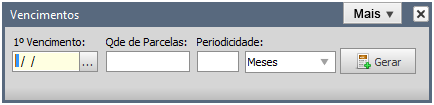 1º Vencimento: Informe a data do vencimento da 1ª parcela; Qtde de Parcelas: Informe a quantidade de parcelas referente a venda da unidade; Periodicidade: Informe a periodicidade do vencimento de