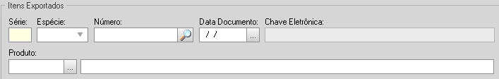 Itens Exportados Selecionando o botão serão inseridas as informações referentes aos itens exportados como veremos a seguir: Série: Informar a Série do documento fiscal; Espécie: Informar a Espécie do